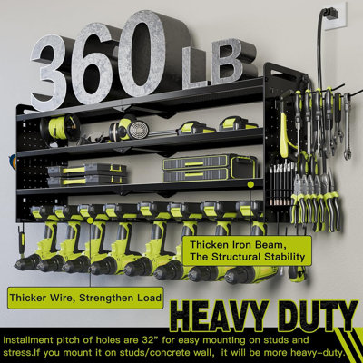 Power Tool Organizer Wall Mount With Charging Station, 8 Drill Holders, 4-Tier Storage Rack For Garage Tool Organization