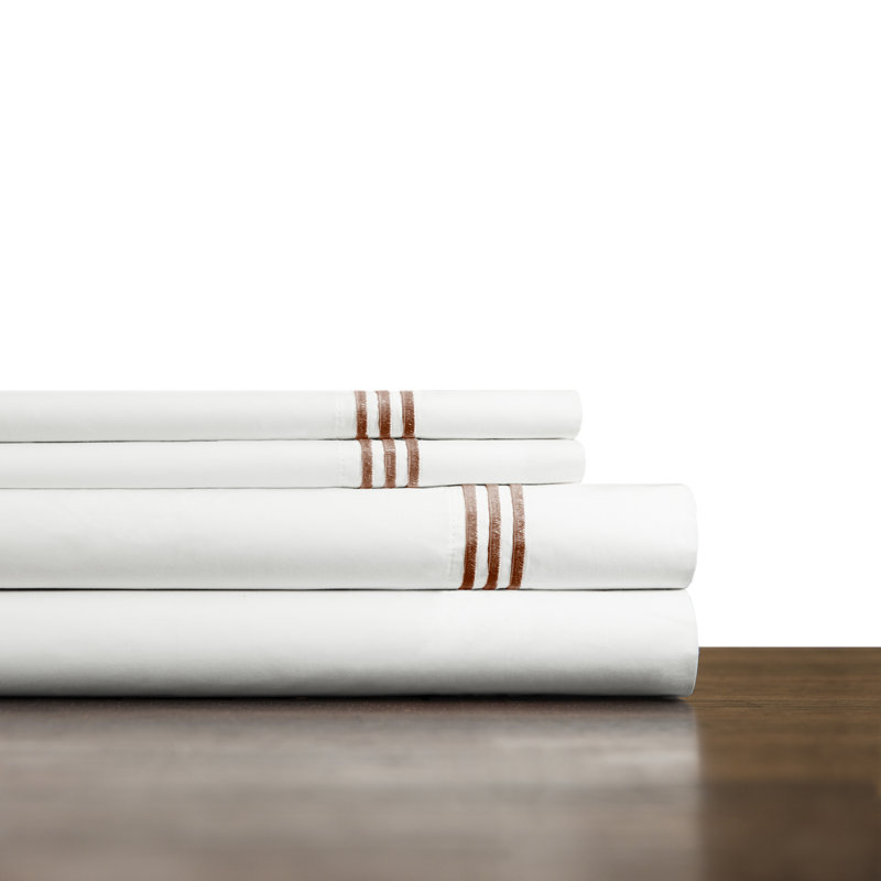 Ensemble de draps brodés en percale 100% coton à densité de tissage 300 fils Pointehaven, Très grand, Champagne