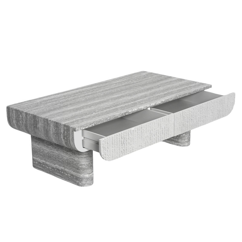 Table basse avec plateau en bois gris, table basse moderne Mid-Century avec tiroir cannelé, table basse de salon