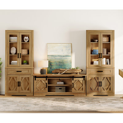 Laziza Farmhouse Entertainment Center With Bookshelf For Tvs Up To 75",Mid Century Modern TV Stand With 73"H Tall 5-Tier Bookcase With Open Storage And Barn Doors For Living Room,Bedroom,