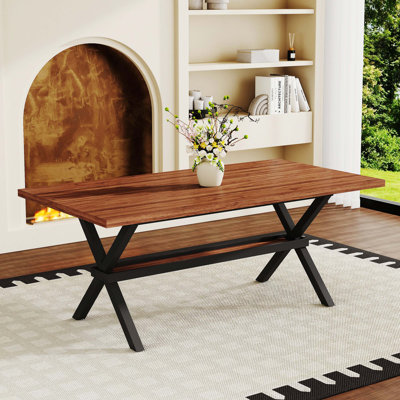 71" X 35.4" Modern Industrial Multi-Use Dining Table, Walnut MDF Spliced Tabletop, X-Shaped Metal Frame, 6-8 Seater For Home Dining
