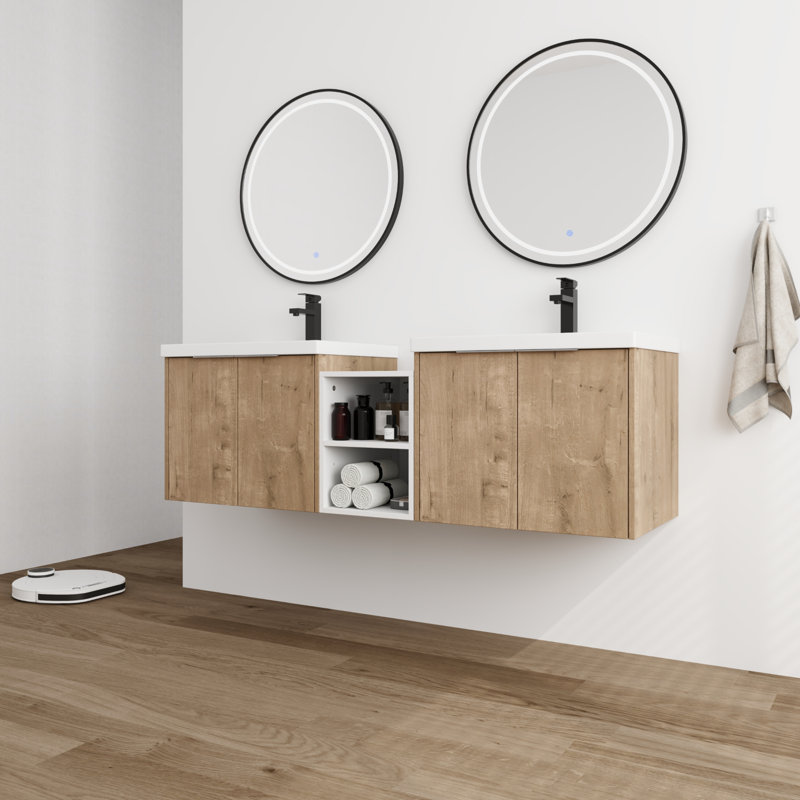 Double Bathroom Vanity With Resin Vanity Top, Beige, 60"