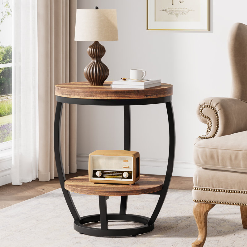 Round End Table with Storage Shelves, Space-Saving Side Table for Sofa or Bedside, Metal Frame with MDF Top, Small Accent Table for Living Room and Bedroom, Rustic Brown & Black