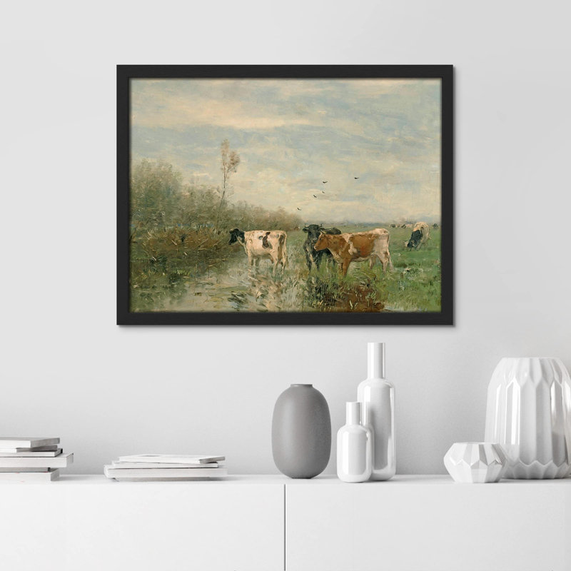 «Pastoral Cow Farm Field» sur papier, Noir, H 8 po x l 10 po