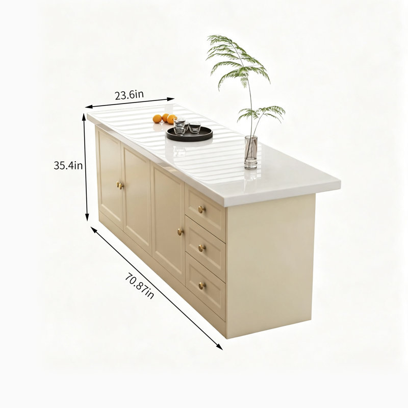Îlot de cuisine Modern Rock, Blanc cassé / blanc, H 35,4 po x l 70,87 po x P 23,6 po