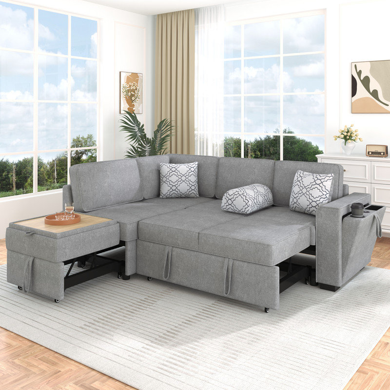 84"W 3-Piece Pull-Out Sectional Sofa Bed, Light Gray Chenille