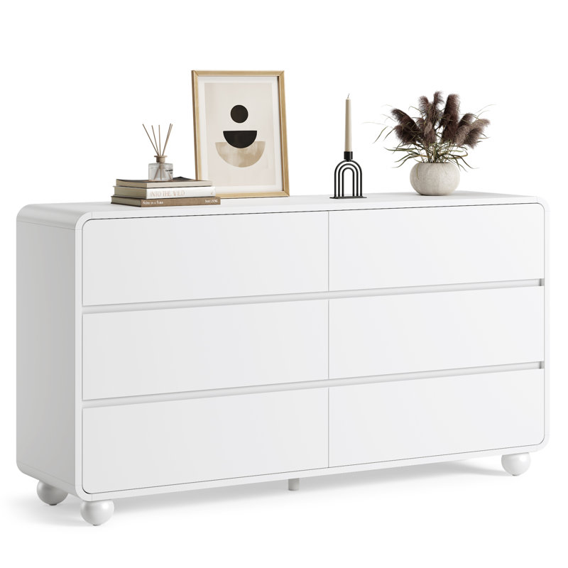 6 Drawer Dresser For Bedroom, 53" Wide Wood Dresser & Chests Of Drawer With Hidden Handles& Curved Profile Design, Wooden Dresser TV Stand For Bedroom, In-Wall Closets., Living Room, Hallway