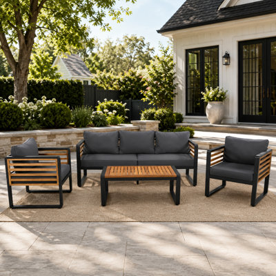 4-Pieces Patio Conversation Sofa Set With Removable Cushion Acacia, Wood Tabletop and Metal Frame