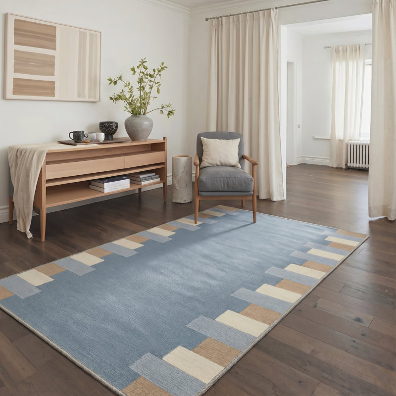 GeoStripe Geometric Machine Washable Blue Indoor Area Rug with Non-Slip Backing, Rectangle 9' x 12'