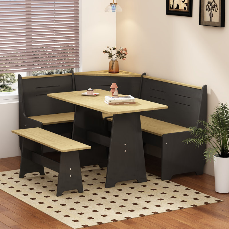 Ensemble de table de salle à manger d'angle peu encombrante avec station de charge USB, tablettes de rangement ouvertes et banc confortable en forme de L pour 3 à 4 personnes