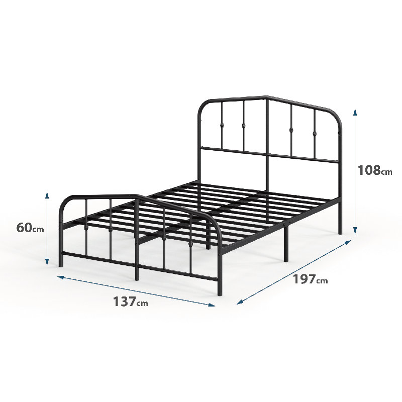 Waco Metal Bed Frame with Vintage Headboard, Black, Double (4'6)