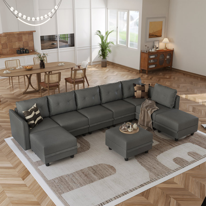 Canapé modulaire réversible de 9 pièces avec repose-pieds Zendajas, Mélange de polyester gris