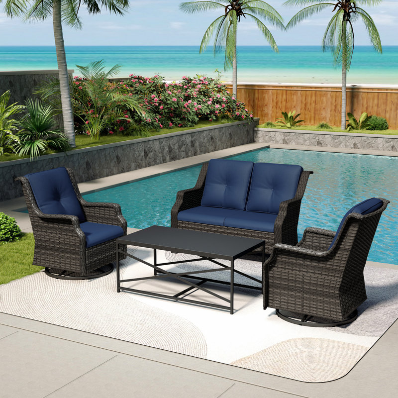 Ensemble de patio extérieur en osier pour 4 personnes avec causeuse, chaises, table basse et coussin noirs, Bleu