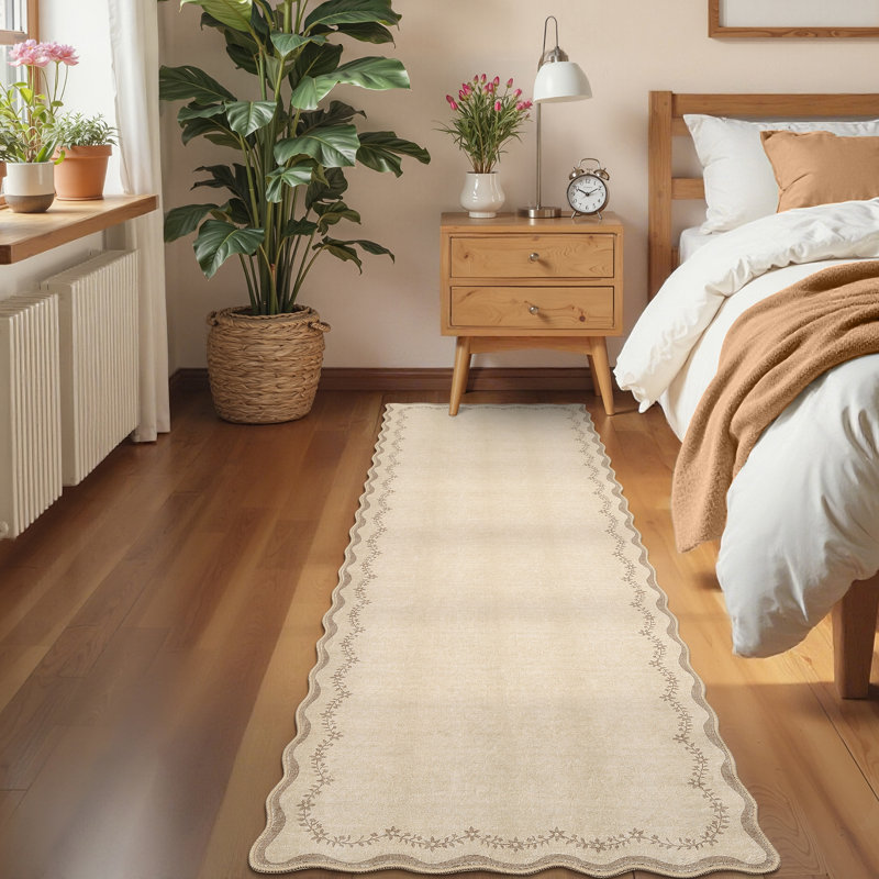 Floral Scalloped Non Slip Washable Area Rug for Living Room Bedroom, Low Pile  Thin Solid Home Decor Carpet, Runner 2' x 6'