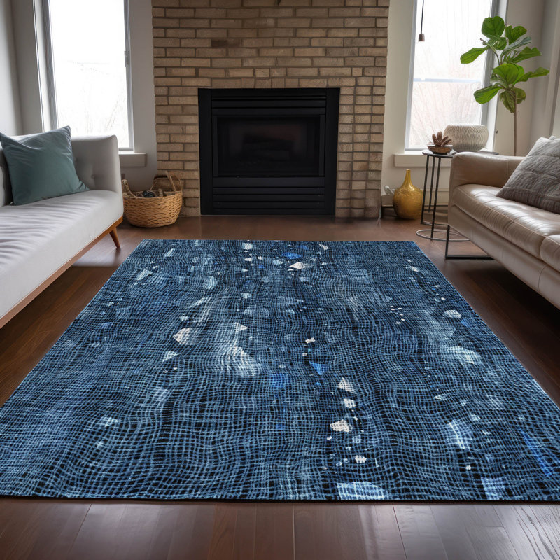 Tapis bleu intérieur / extérieur lavable à la machine Xhevrie, Rectangle 2 pi 6 po x 3 pi 10 po