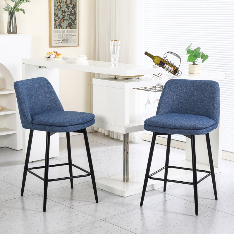 2 tabourets de bar pivotants, hauteur du siège 65 cm, revêtement en lin bleu, pattes en métal, pour îlot de cuisine et table de bar, lin, espace