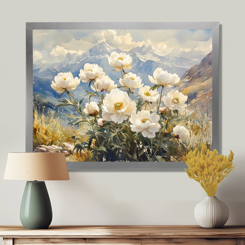 Pivoines dans le plateau balayé par le vent I - pivoines, art mural, H 12 po x l 20 po, Cadre flottant doré
