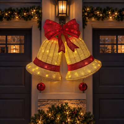 Paire de cloches de Noël géantes lumineuses de 89 cm avec nœud rouge, à suspendre à l'extérieur