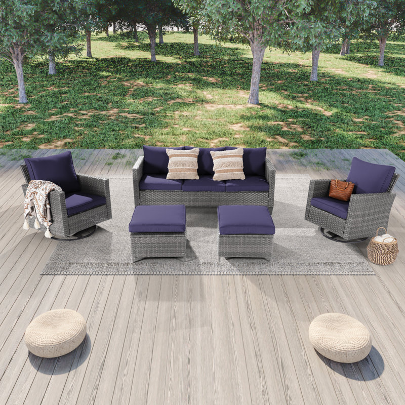 Ashvin 5 Piece Wicker Conversation Set with Cushions and Rocking Swivel Chairs, Navy