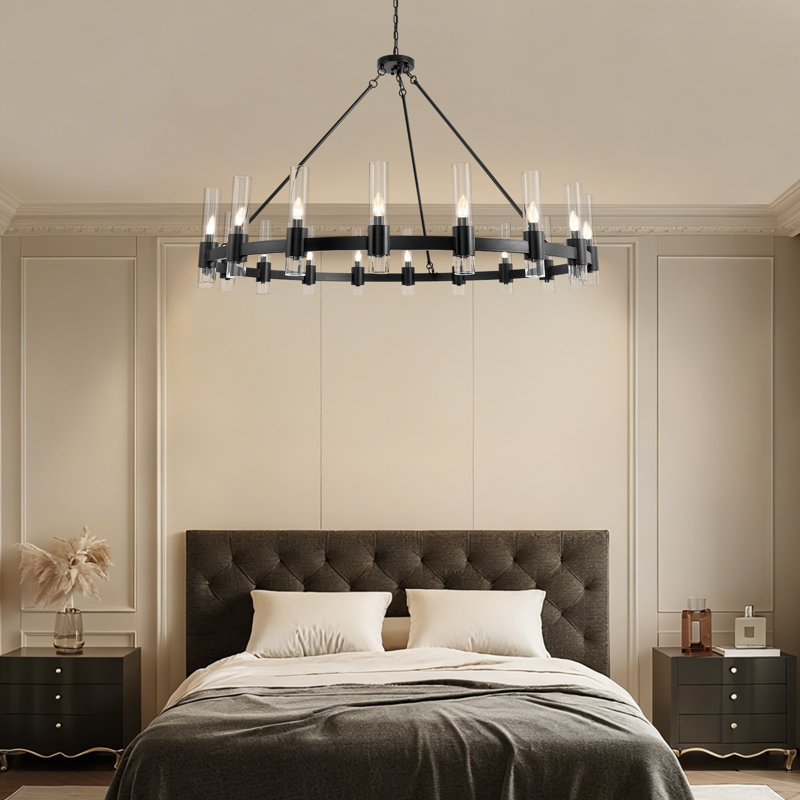 60" 18-Light Black Wagon Wheel Chandelier with Glass Shade for Dining Room Living Room Foyer