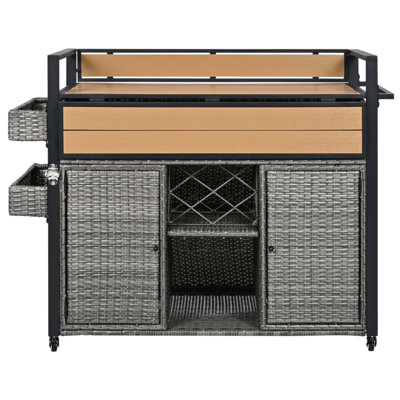 52.8"W Wicker Outdoor Grill Cart with Extended Plastic Wood Table Top, Rolling Kitchen Island on Wheels with Storage Cabinet, for Patio Backyard Garden Poolside, Double Handle Design