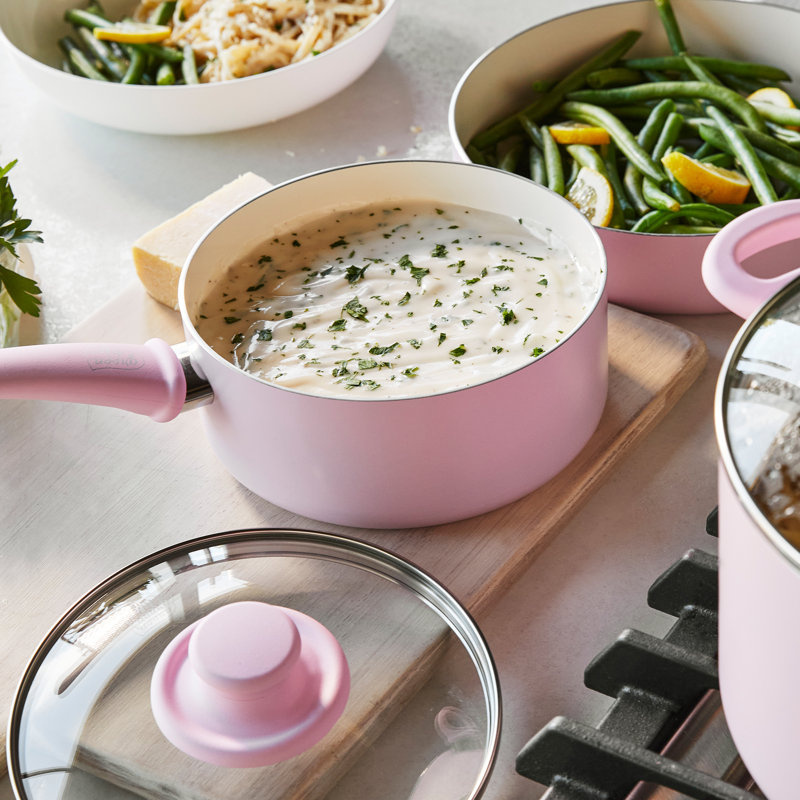 Soft Pink Aluminum Nonstick Saucepan Set with Glass Lids