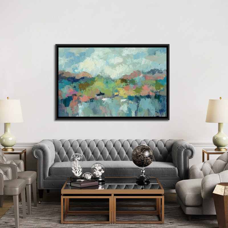 " Abstract Lakeside " by Silvia Vassileva, 40" H x 60" W x 1.5" D, Black Framed Canvas, No Mat
