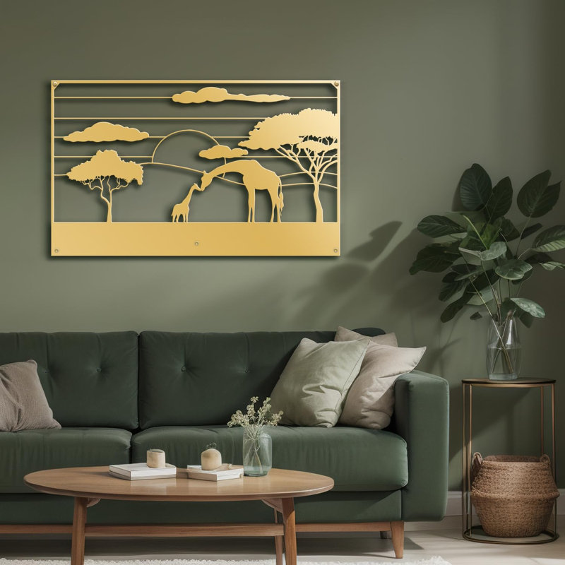 Girafes au coucher du soleil, Or, H 14,64 po x l 24 po x P 0,05 po