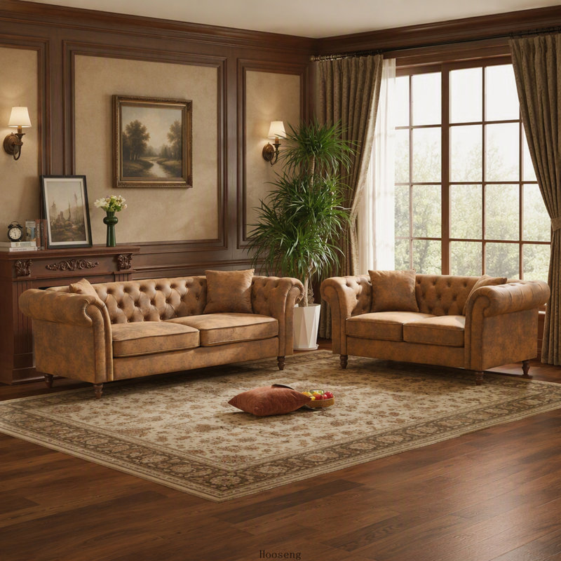 Canapé Chesterfield 2 places en tissu technique de 160 cm avec accoudoirs arrondis, brun