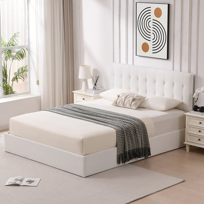 Lit plateforme tapissier avec rangement Arcadia, Grand, Blanc
