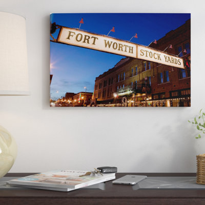 " Signboard Over A Road At Dusk, Fort Worth Stockyards, Fort Worth, Texas, USA " by Panoramic Images