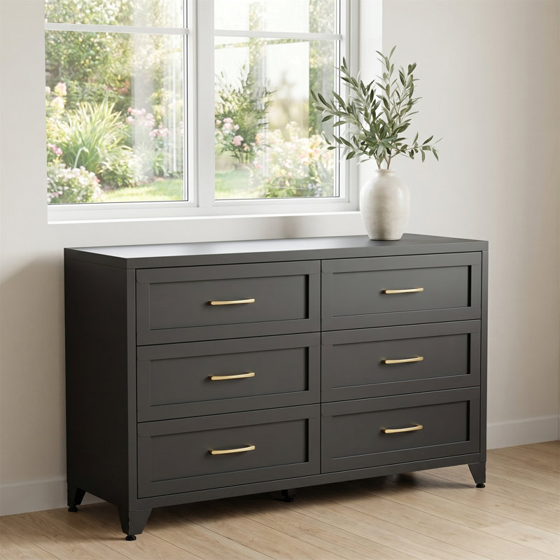 6-Drawer Metal-Frame Chest Of Drawers, Black Bedroom Wardrobe, Suitable For Walk-In Closets, Hallways, And Entryways