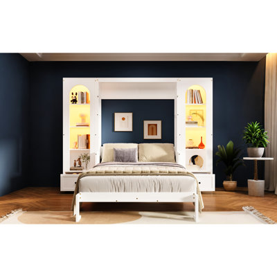 White Queen Platform Bed With Shelf, Side Cabinets, Drawers And Led - Solid Pine Build, French Design, Ample Storage Function Size Structure, Elegance, Nighttime Use Space