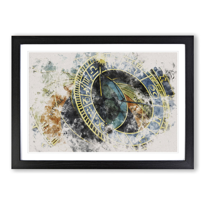 Astronomical Clock in Prague Watercolour - Picture Frame Graphic Art, Black, 65cm H x 90cm W x 2cm D