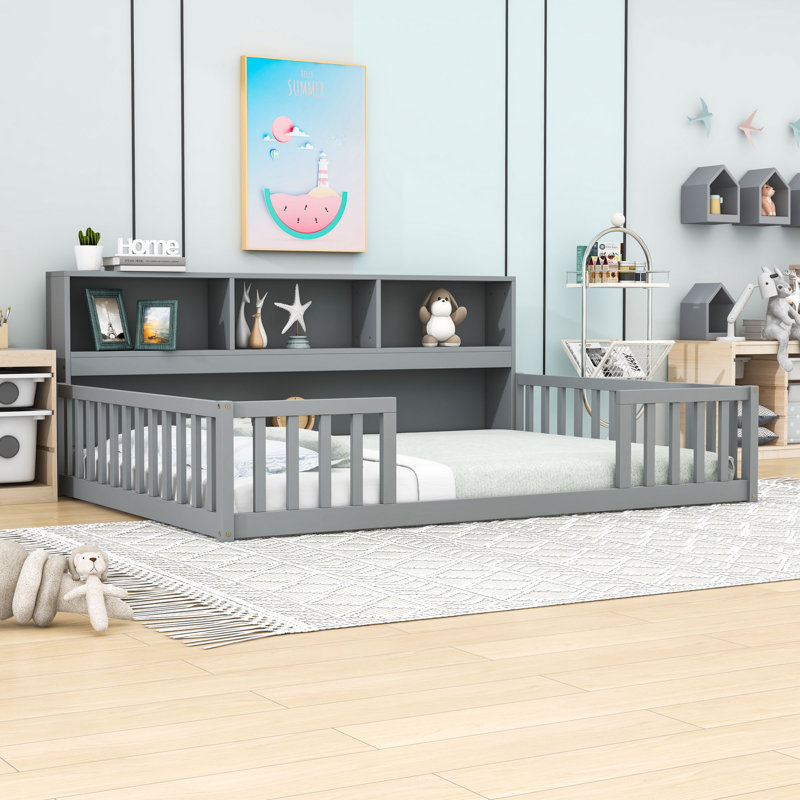 Floor bed with side bookcase and shelves, gris, Double