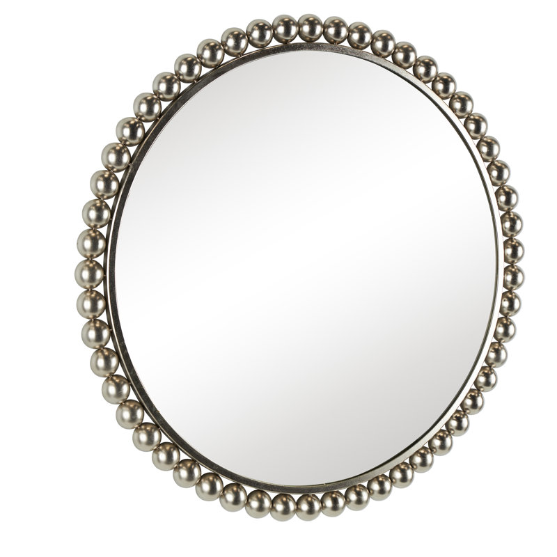 Metal Room Wall Mirror with Bead Detailing, Silver