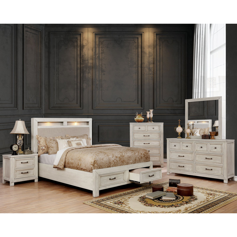 Lit plateforme avec rangement Allentown, Blanc antique, Très grand californien
