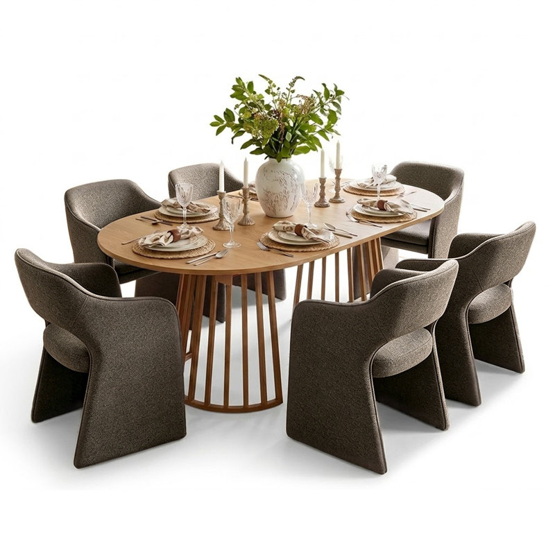 6- Person Dining Table Sets With Extendabe Oval Table & 6 Upholstered Waterproof Dining Chairs, Brown