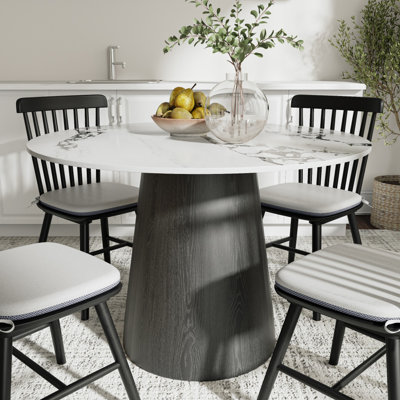 Table de salle à manger ronde pour rassemblement familial, 39 po de diamètre, pierre précieuse noire, pierre frittée et bois massif, base piédestal, petite table en bois de style Mid-Century moderne, 39 po, miel ambré, surface grattée, français