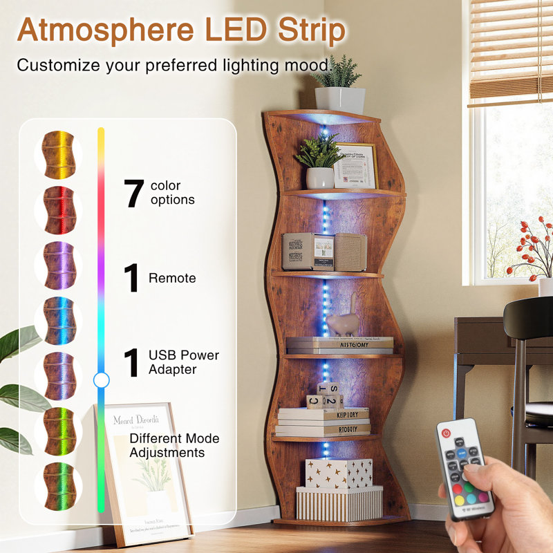 Modern LED Corner Bookshelf With Remote, 5 Tier Lighted Display Shelf, RGB 7 Color Floor Standing Bookcase Storage Rack