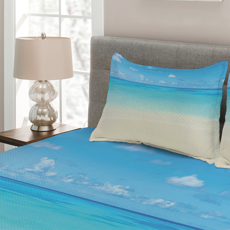 King Size Coastal Ocean View White and Blue Bedspread Set