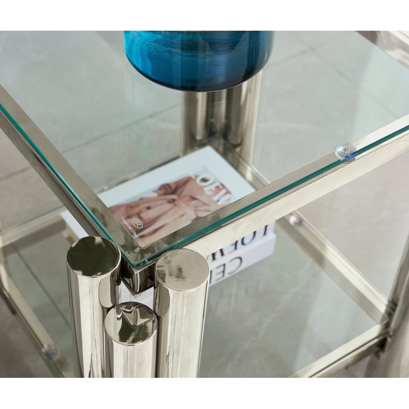 Table de bout carrée 20 pouces, table de bout moderne en acier inoxydable, table basse en verre trempé transparent à deux couches, table d'appoint avec rangement, pour le bureau personnel du salon