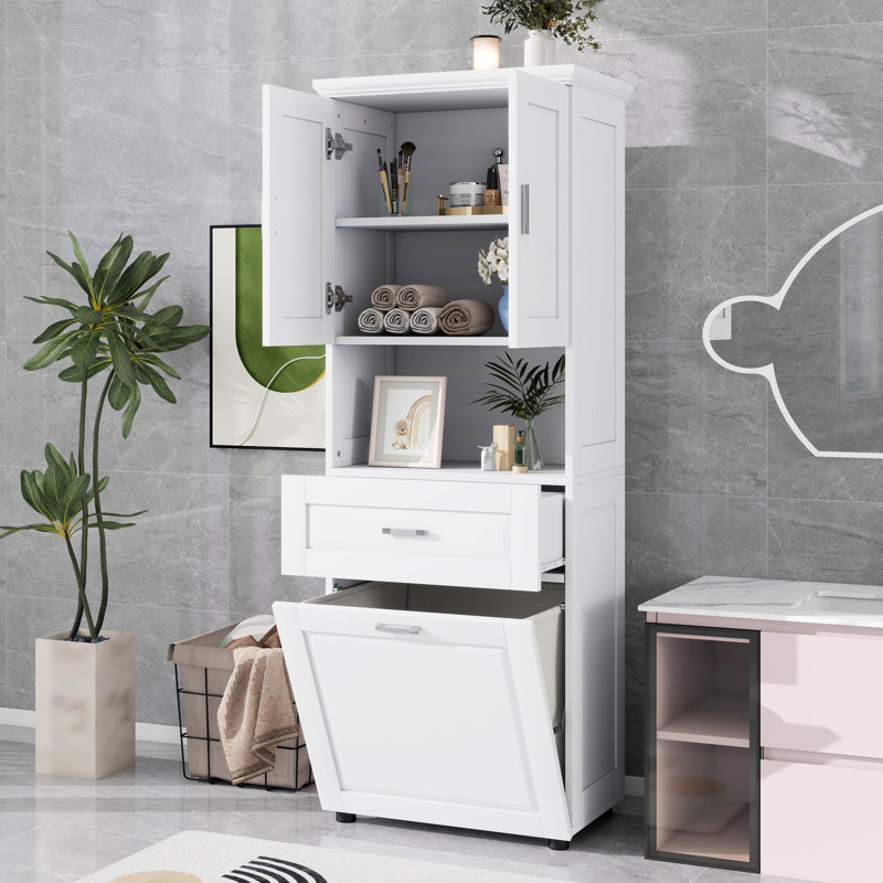 70" H Tall Bathroom Cabinet With Laundry Basket With Doors And Open Storage Space, Upper Storage Cabinet For Bathroom, White
