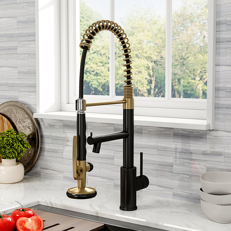 Belfry Kitchen Burhill Pull Out Kitchen Faucet, Black/Gold