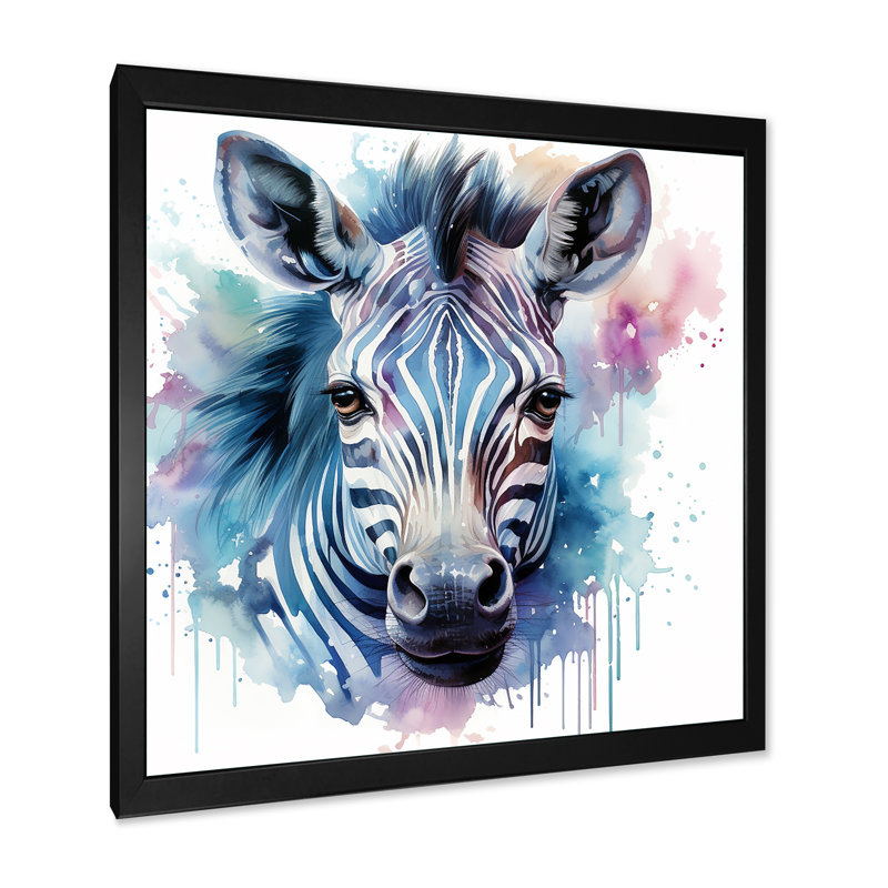 Bleu et rose, zèbre, savane, art mural zèbre, Cadre simple noir, H 30 po x l 30 po x P 1,5 po