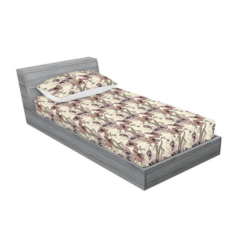 Ambesonne Fitted Sheet & Shams, Sage Green/Dried Rose Floral, Twin XL Sheet Set with 1 Pillowcase