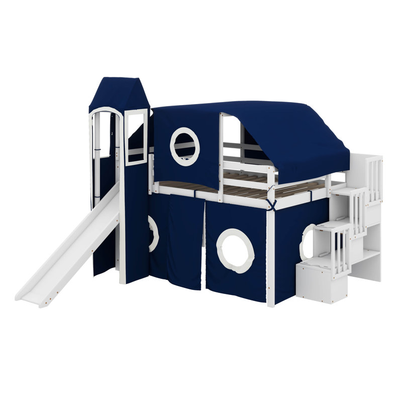 Lit mezzanine confortable avec tour amusante et tente de charme, Double, Bleu