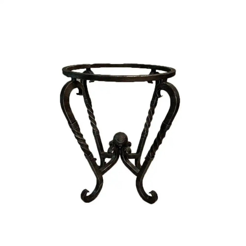 24" Round Natural Hand-hammered Copper Top Side Table: Rustic Wrought Iron Base