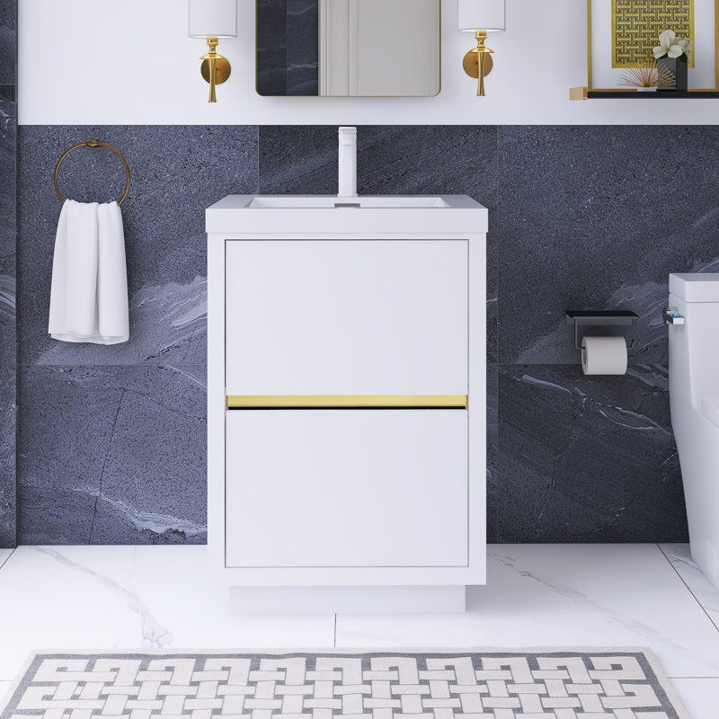 24 po Meuble-lavabo autoportant à simple cuve, Blanc lustré