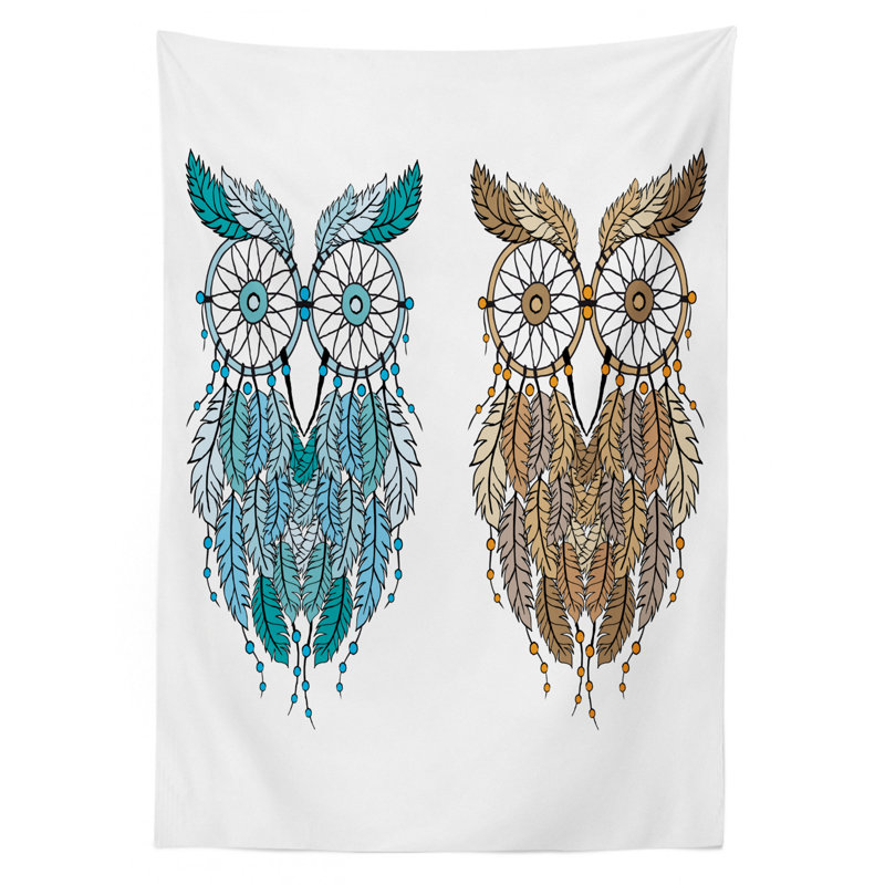 Ambesonne Owl Tablecloth, Dreamcatcher Style Owl Features Magic Farsighted Birds Print, Rectangular Table Cover For Dining Room Kitchen Decor, 52" X 70", Cream White Teal
